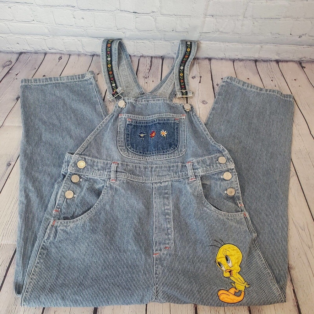 Vintage 1998 Looney Tunes Tweety Bird Denim Overalls Girls Size 10 Bibs (30X21)